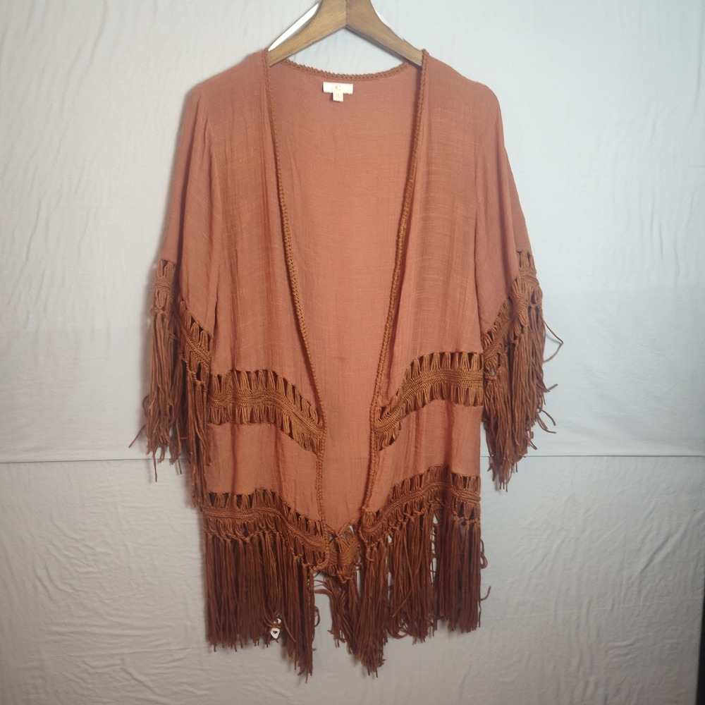 C Brand Womens Rust Orange Fringe Crochet Open Front Cardigan Boho Kimono Medium